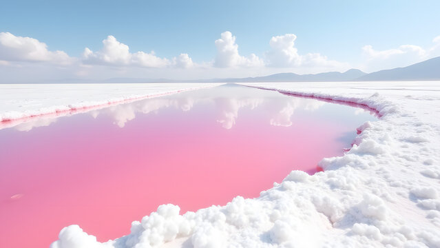 Pink water pool on white salt flat, alien landscape, salt crystallization process.