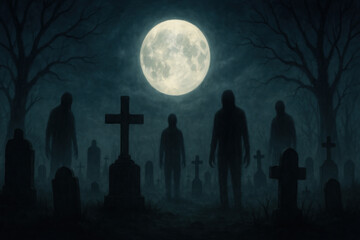Group of zombies walking through graveyard at night.