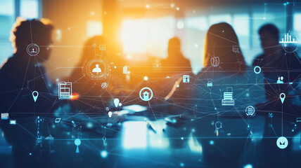 Diverse Team Collaborating in a Modern Office Space with Subtle Icons of Teamwork and Cooperation (1)