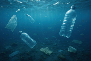 Plastic bottles floating in the ocean.