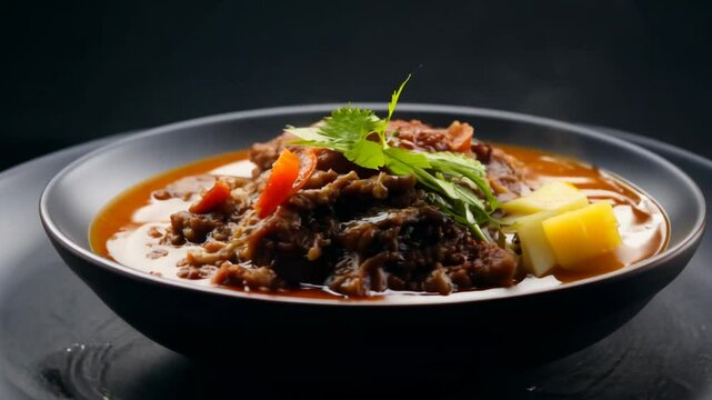 360 degree video of beef stroganoff with tender beef strips and creamy sauce against a dark charcoal background, low key lighting emphasizes texture and richness, concept for food advertising