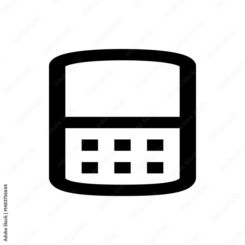 Poster illustration of a simple mobile phone with a screen and keypad in black and white design style icon