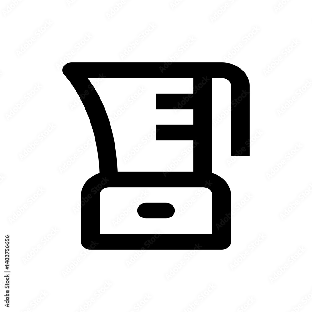 Poster illustration of a black outlined blender with a handle and a power button on a white background view