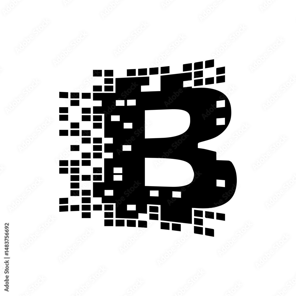 Poster bitcoin symbol dissolving into digital pixels in black and white representing cryptocurrency concept