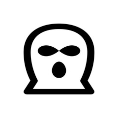 Illustration of a person wearing a black balaclava mask with eye and mouth openings on a white background