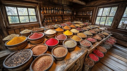 Fototapeta premium Wooden spice shop with various spices