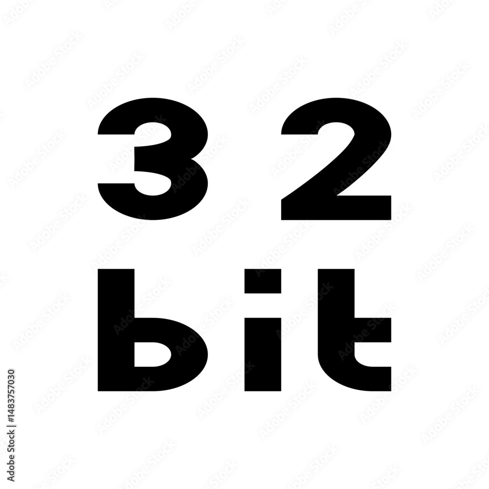 Poster illustration of the text thirty two bit in a bold sans serif font on a white background indicating b