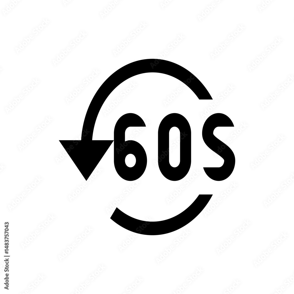 Poster illustration of a sixty seconds timer symbol with a curved arrow and the text sixty s in bold font s