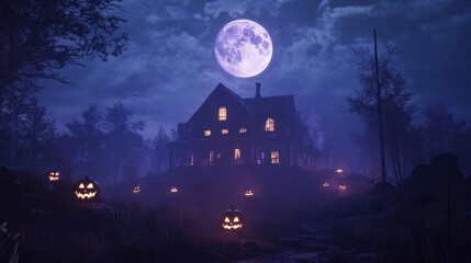 Fototapeta premium Spooky Halloween Night: Haunted House Under the Full Moon