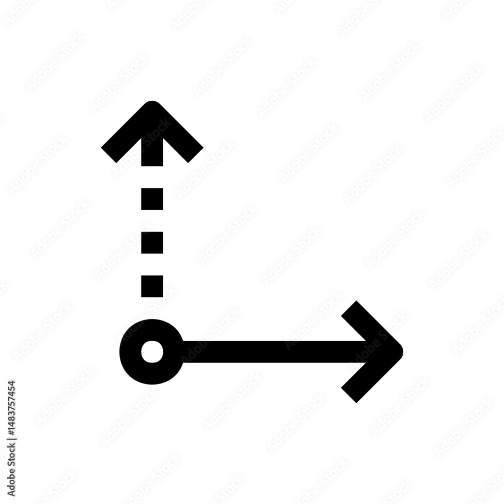 Poster black arrow extending upwards with dashed line and rightward arrow from a circle on a white backgrou