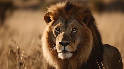 Obraz premium Majestic Lion in Grassy African Landscape.