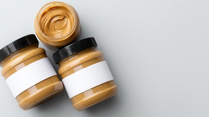 Three jars of peanut butter with blank labels on a gray background.