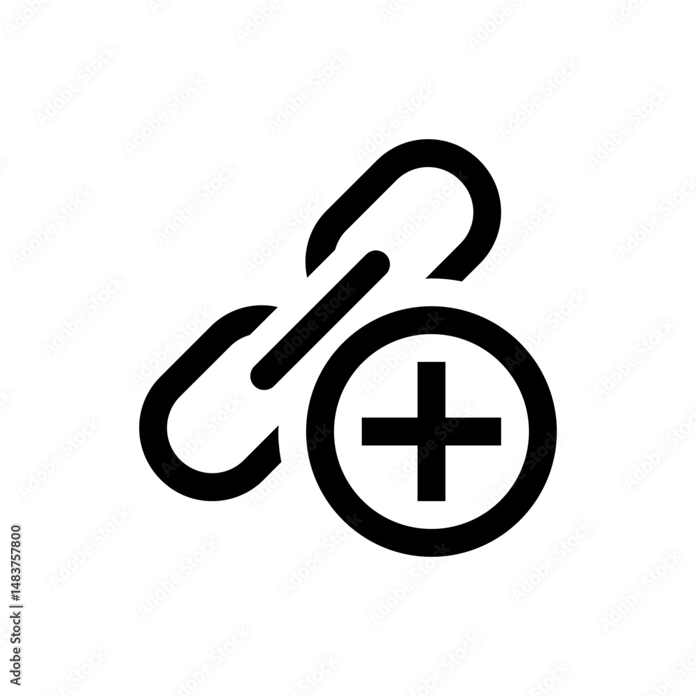 Poster illustration of a link icon with a plus sign inside a circle indicating adding a new link option ico