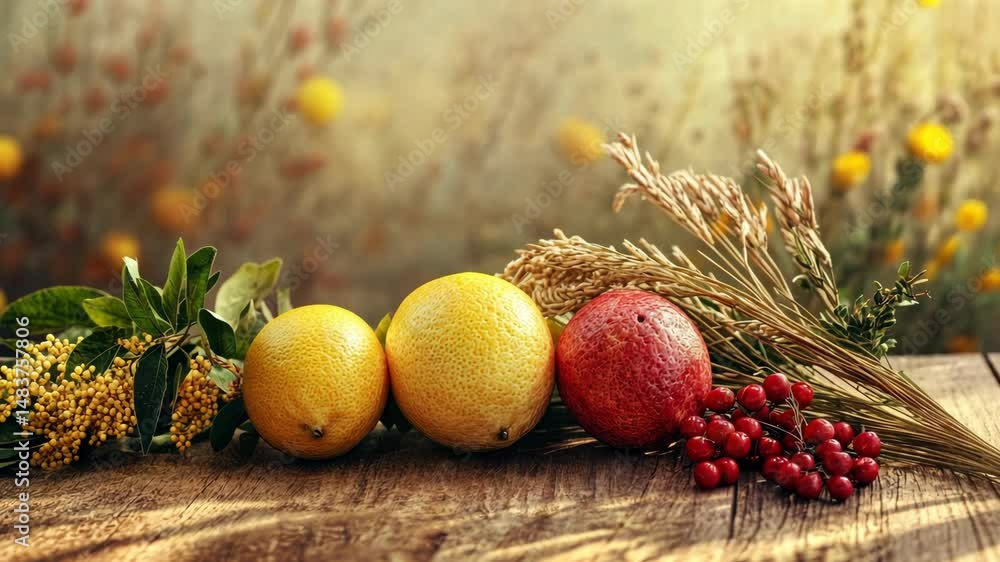 Poster three oranges and a red apple are on a wooden table. the table is surrounded by plants and flowers, 