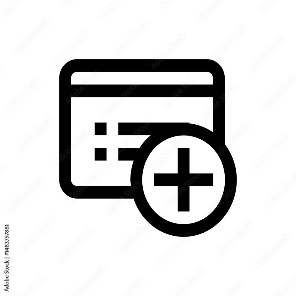 Poster illustration of a document icon with list elements and a plus sign inside a circle overlayed on it