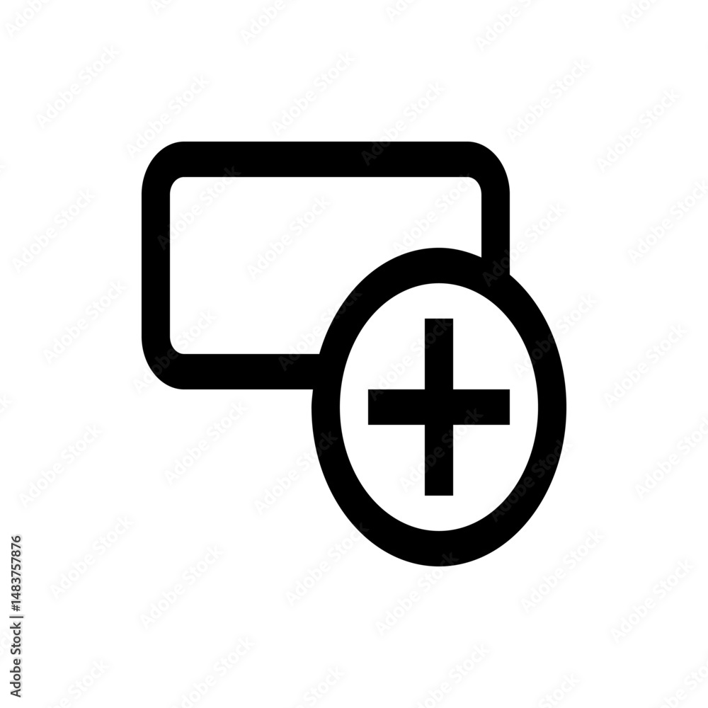 Poster illustration of a rounded rectangle shape with a plus sign inside a circle overlapping it on the rig