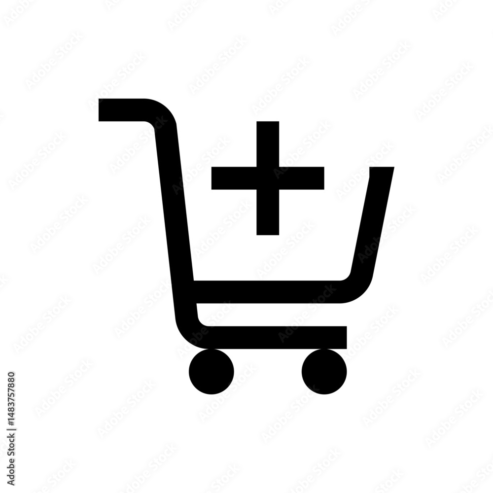 Aufkleber a black shopping cart icon with a plus sign above it indicating adding items to the online store car