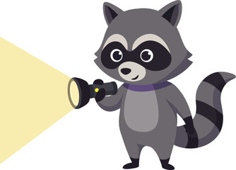 Obraz premium Raccoon holding flashlight shining light beam vector illustration in simple flat style 