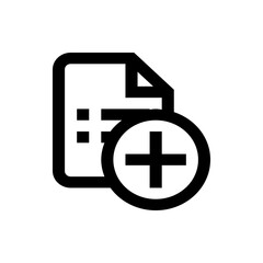 Black and white icon showing a document with bullet points and a plus sign inside of a circle shape