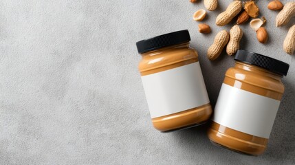 Two jars of peanut butter with blank labels and peanuts on gray surface.