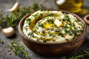 Plakat Close-up of creamy mashed potatoes in a rustic wooden bowl, garnished with fresh herbs, olive oil, and a lemon wedge, adding a touch of flavor.