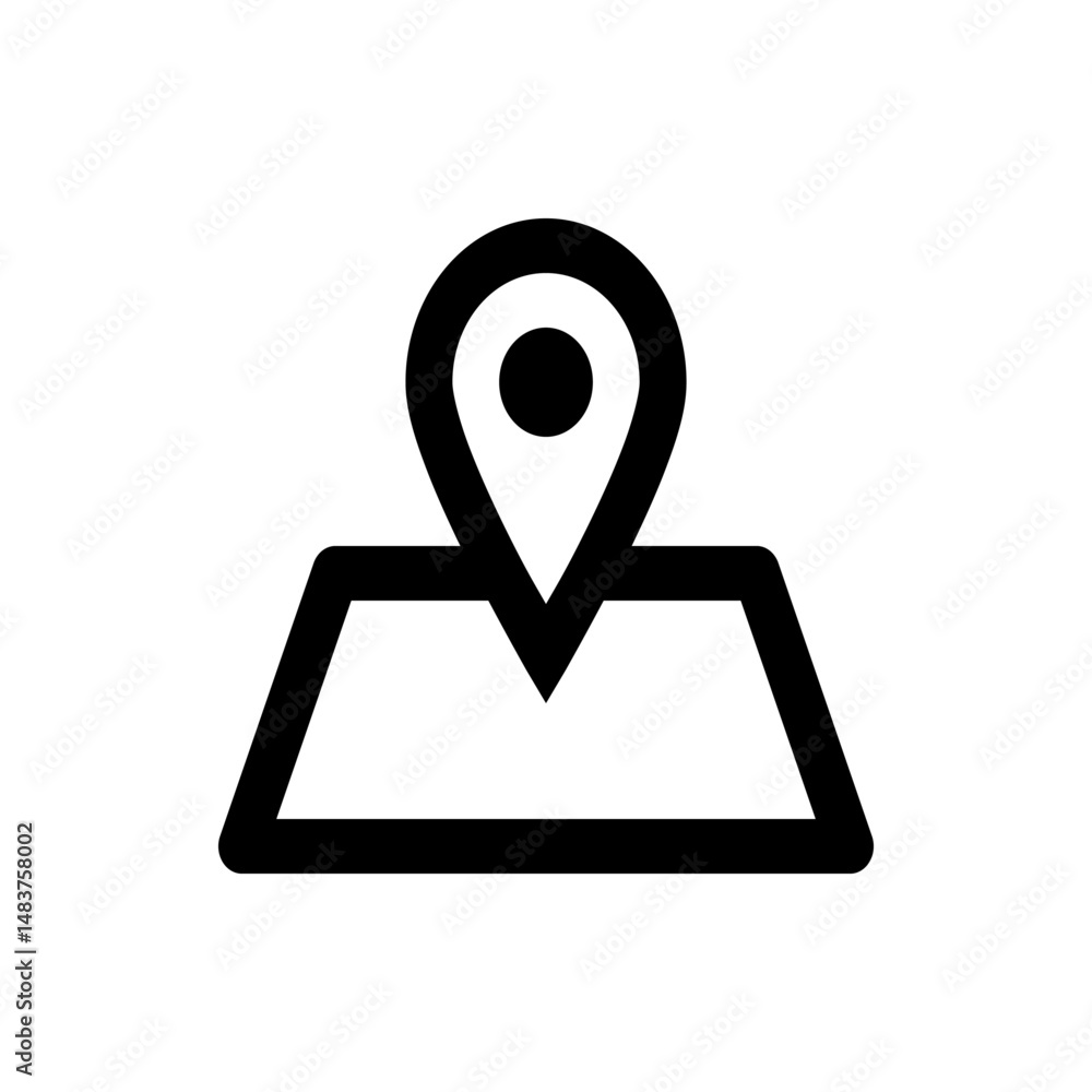 Poster illustration of a location pin on a map with a circular head and a pointed base in a simple black ou