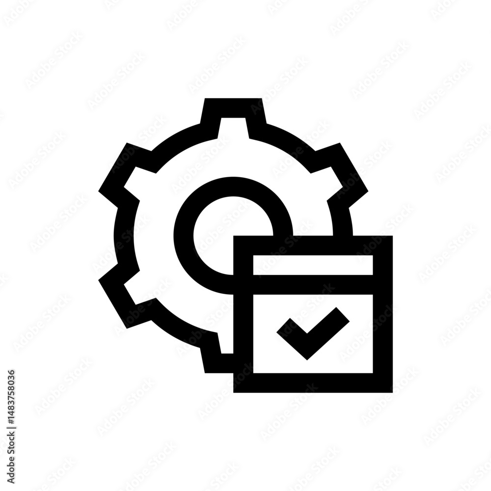 Poster gear icon with check mark on a document representing settings and confirmation in black and white de