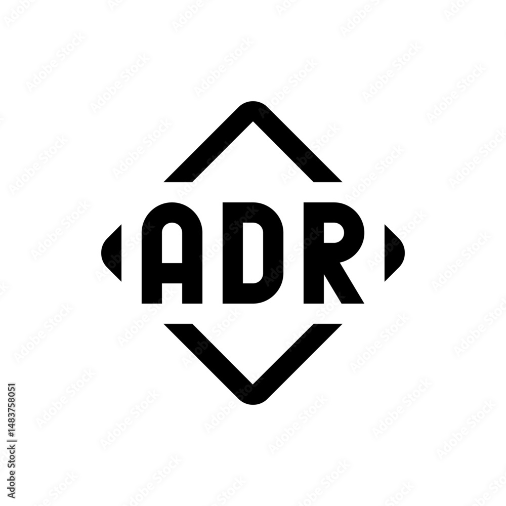 Poster a black and white logo featuring the letters adr enclosed within a diamond shape with arrow like ext