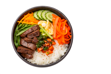 korean bibimbap bowl with galbi beef and pickled vegetables shot from top view. Isolated on a transparent background - generated by ai