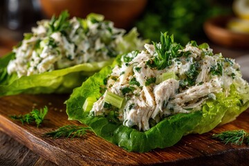 Close-up shot of two servings of creamy chicken salad on green lettuce leaves, garnished with fresh herbs, presented on a wooden board against a blurred background.