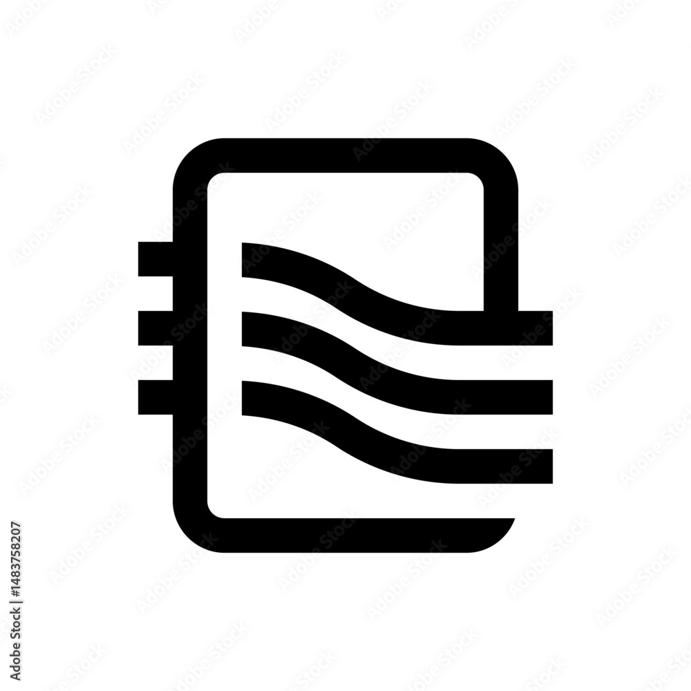 Poster abstract black icon featuring a stylized document with horizontal wave lines and chip connectors des