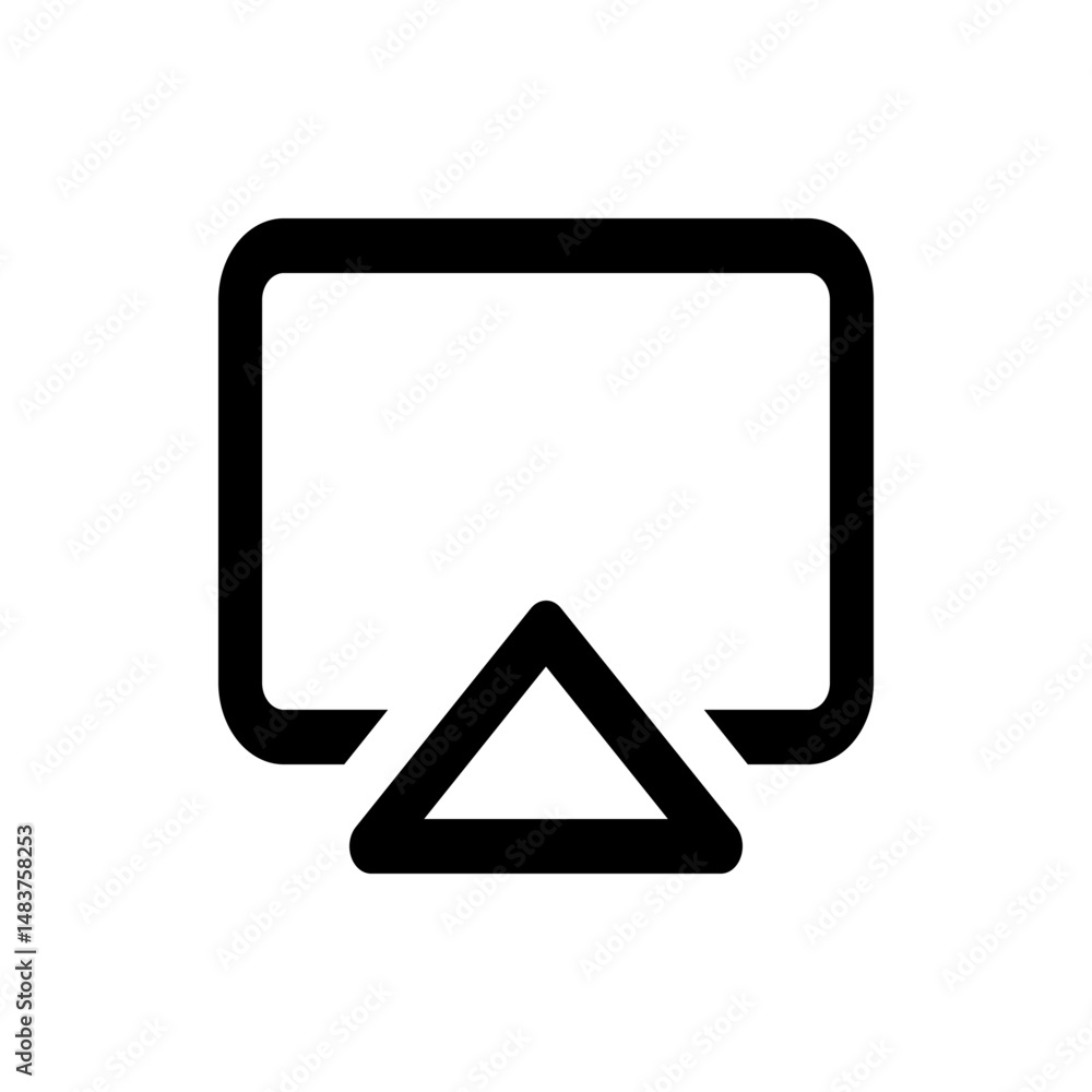 Poster black screen with rounded corners and upward pointing triangle below it in a simple vector design