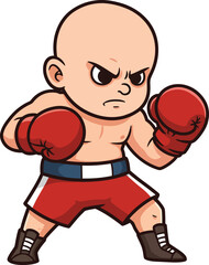 Cartoon bald male boxer in fighting stance with red gloves and shorts illustration for sports and fitness designs 