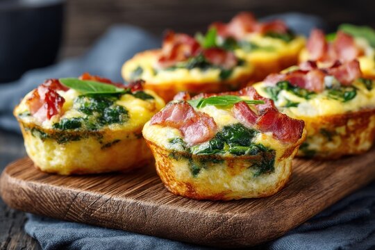 Delicious and healthy breakfast egg muffins with spinach and crispy bacon, arranged on a wooden cutting board, perfect for a nutritious start to the day.