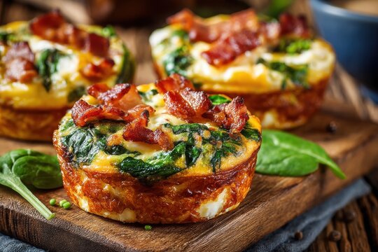 Delicious breakfast egg muffins with spinach and bacon served on a wooden board with a blue cup, ready for a healthy and tasty morning meal experience. - Powered by Adobe