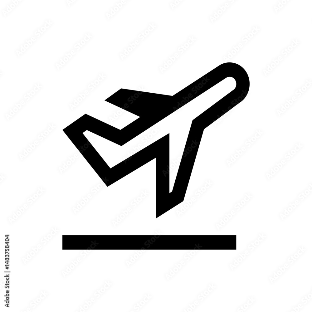 Poster black and white icon depicting an airplane taking off from a runway with a minimalist design style i