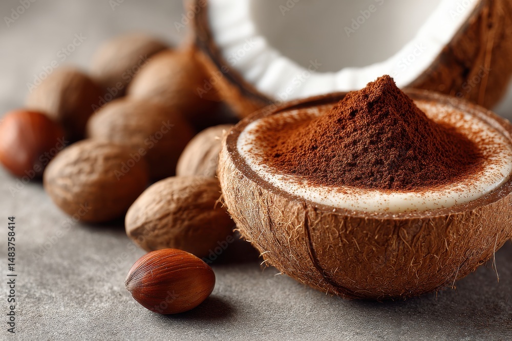 Poster close-up of a half coconut filled with cocoa powder and surrounded by hazelnuts, creating a vibrant 