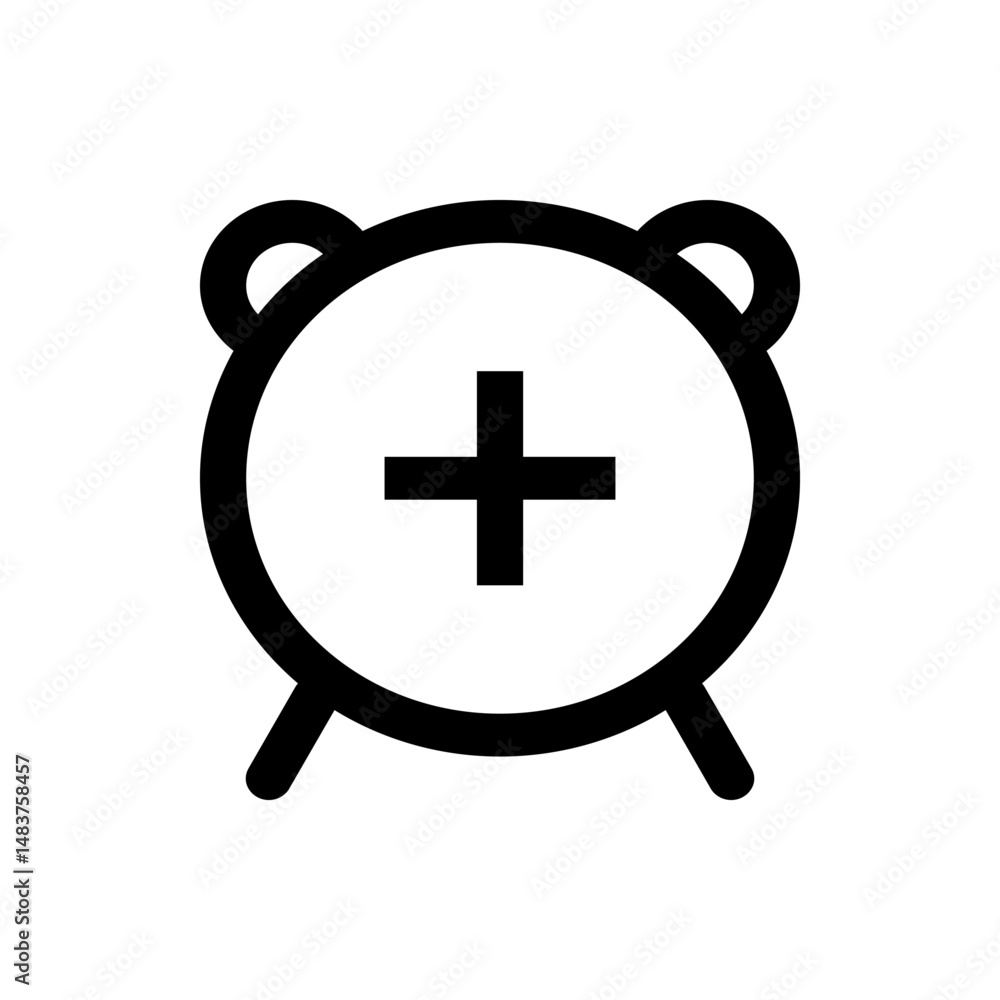 Poster black outline of an alarm clock with a plus sign in the center indicating adding a new reminder time