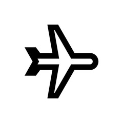 A simple black and white airplane icon featuring a streamlined design with wings and tail fin in bold lines