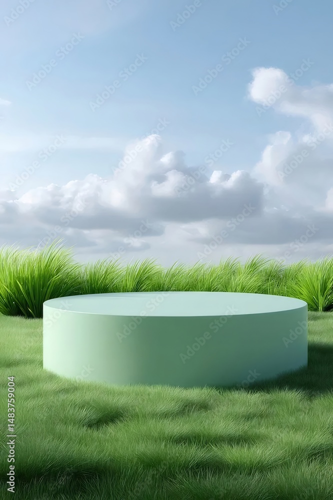 Poster 緑の芝生の上の円形のステージとふわふわの雲のある青い空の背景に自然な光