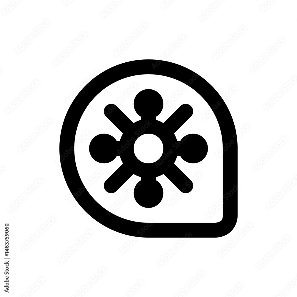 Poster black and white graphic featuring a circular design with radial arms inside a rounded shape with a n