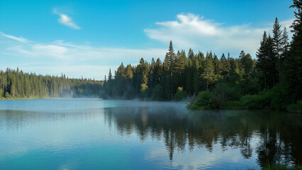 Lake scene with calm water reflecting pine trees and a clear blue sky. Ideal for nature, relaxation, and autumn landscape concepts.