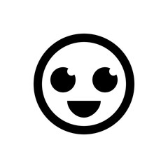 Simple black and white illustration of a happy face emoji with round eyes and a curved mouth design style