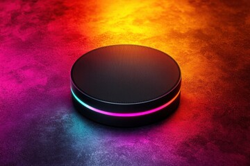 Sleek Circular Smart Home Hub Illuminated on Spectrum Colored Surface with Ambient Lighting Effects