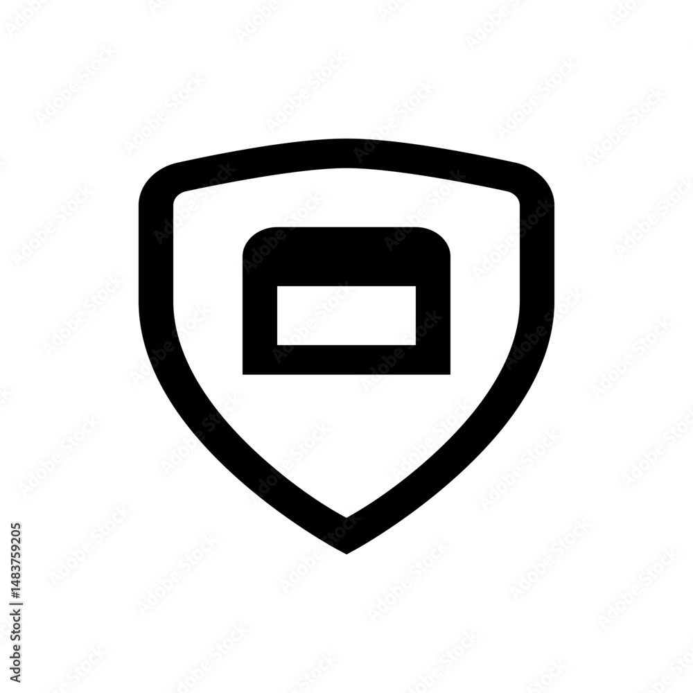 Poster a black outline of a shield containing a black rectangle with rounded top corners and a white rectan