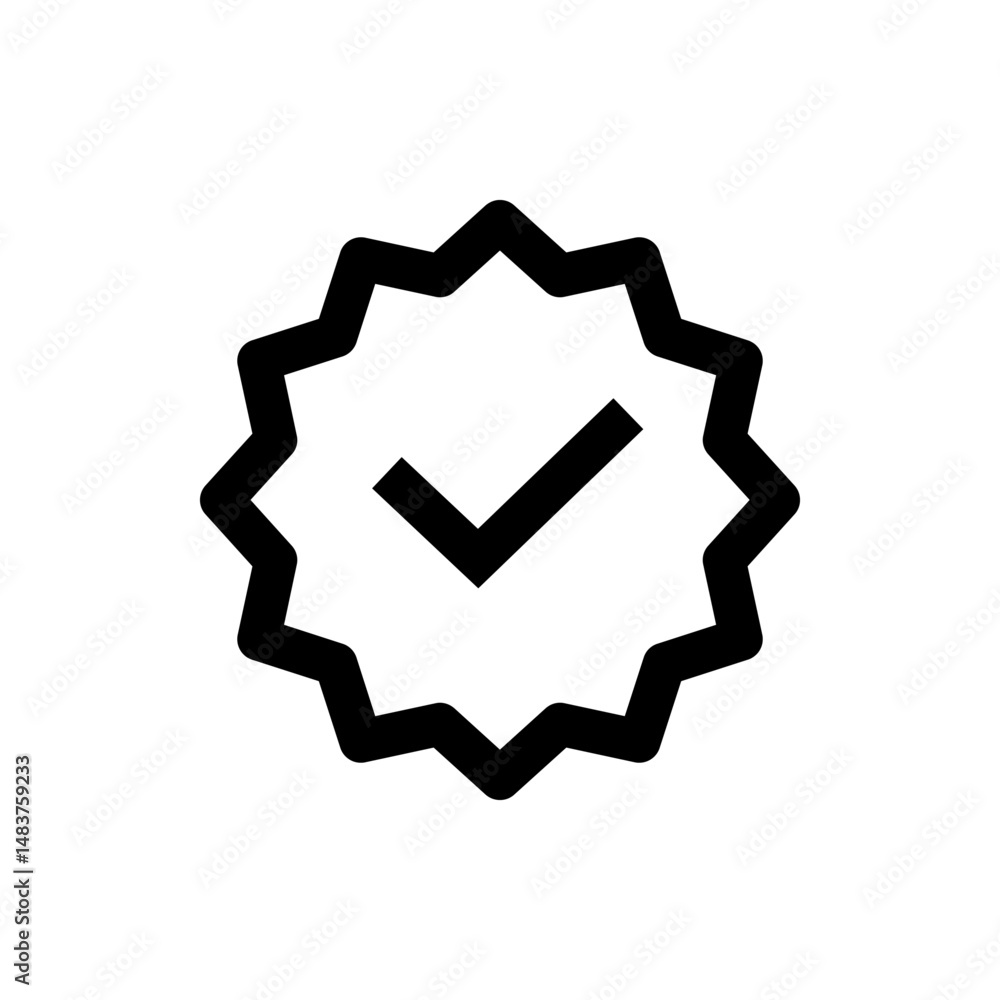 Aufkleber black check mark inside a jagged edged starburst shape indicating approval or verification symbol ic