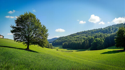 Obraz premium A single tree on green hill under blue sky with scattered clouds. Ideal for illustrating nature, tranquility, and outdoor scenery in environmental or landscape projects and background