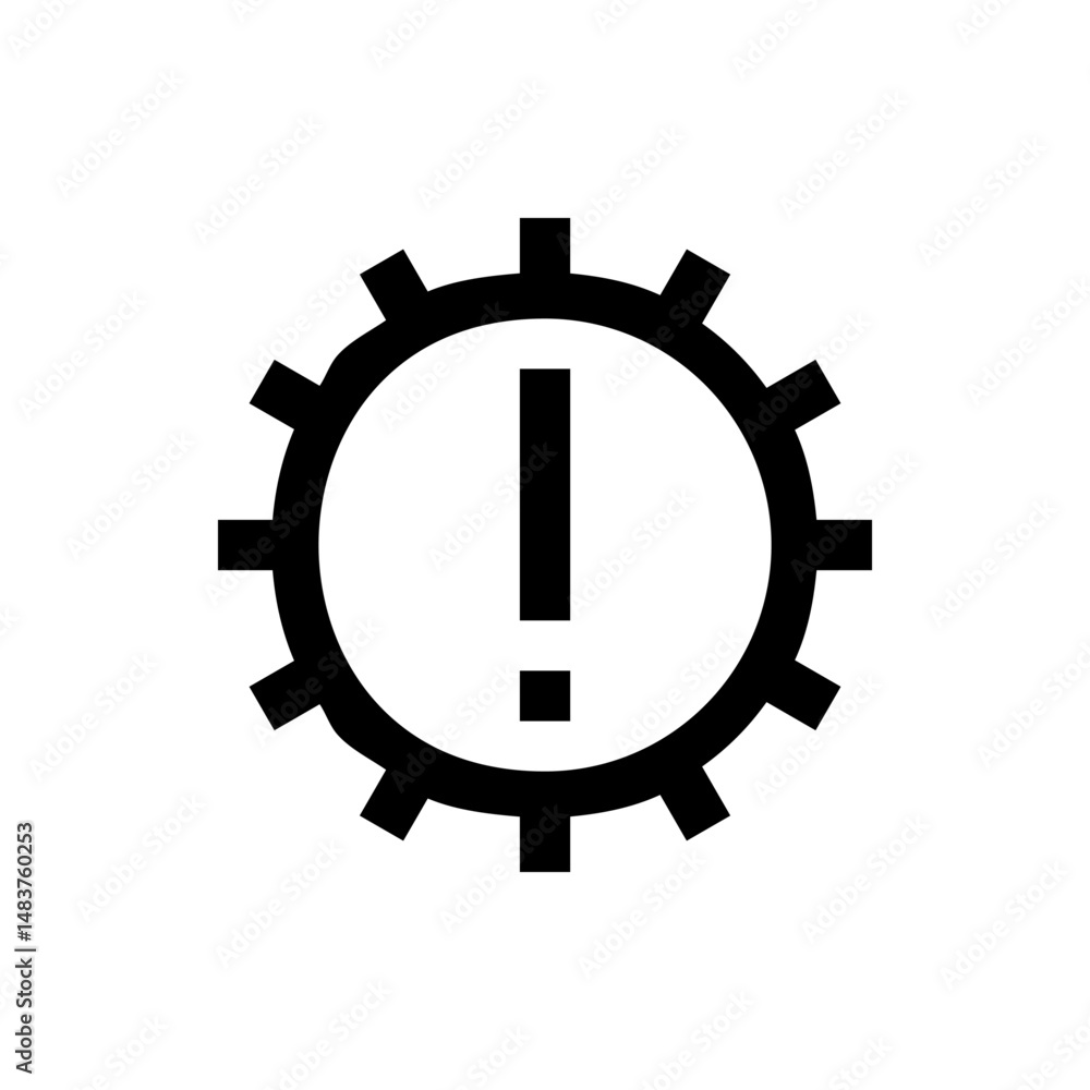 Poster black gear outline with an exclamation point inside indicating a system error or potential malfuncti