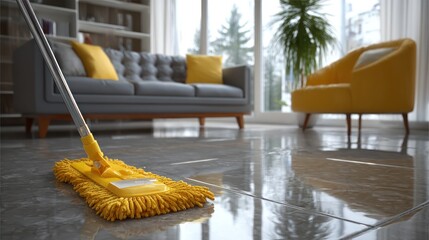 Yellow mop cleans a shiny floor in a modern living room interior.