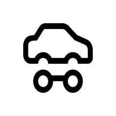 Illustration of a car icon above a connected pair of wheels in a simple black and white design style